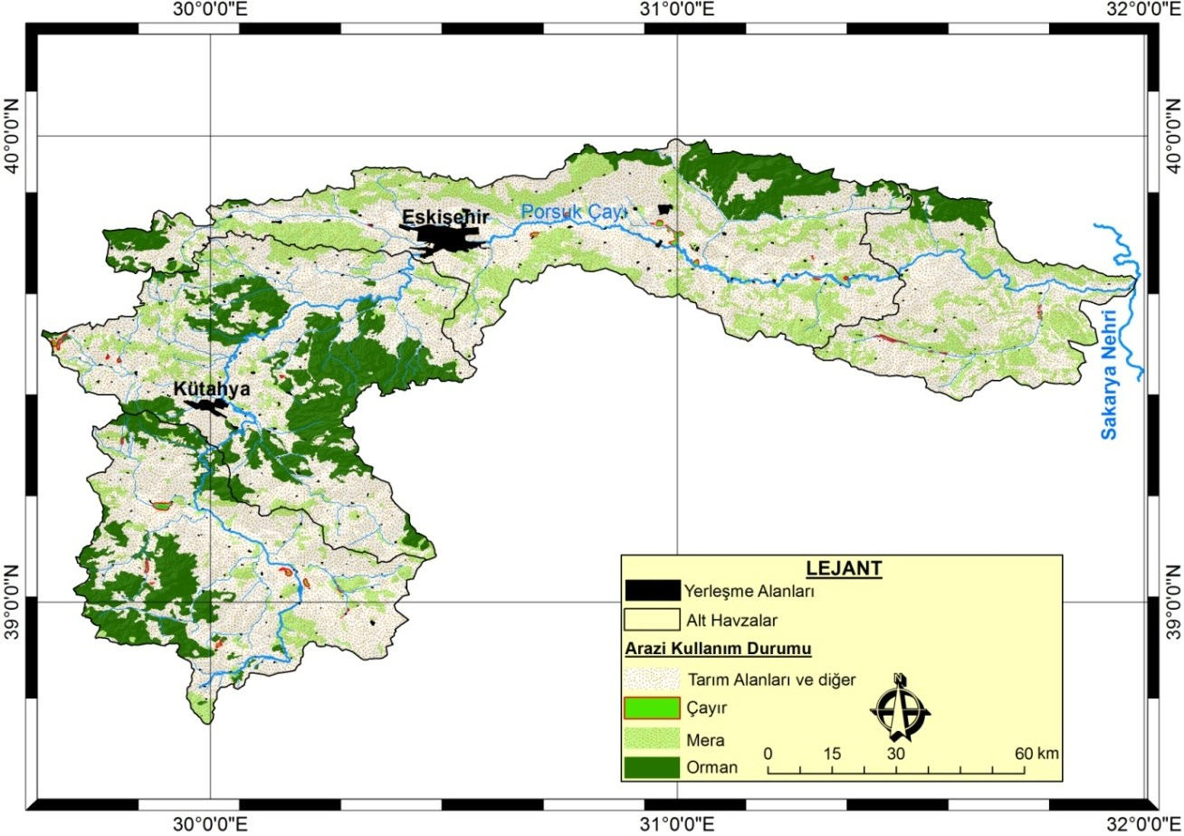 58 Şekil 1.29: Porsuk Çayı Havzası genel arazi kullanım haritası. T.C. Orman ve Su İşleri Bakanlığına bağlı OGM den sağlanan veri tabanı kullanılarak oluşturuldu. 1.8 Arazi Kullanım Kabiliyet (AKK) Özelliği Havza bütününe bakıldığında AKK sınıfına dâhil edilen alan yaklaşık 10.