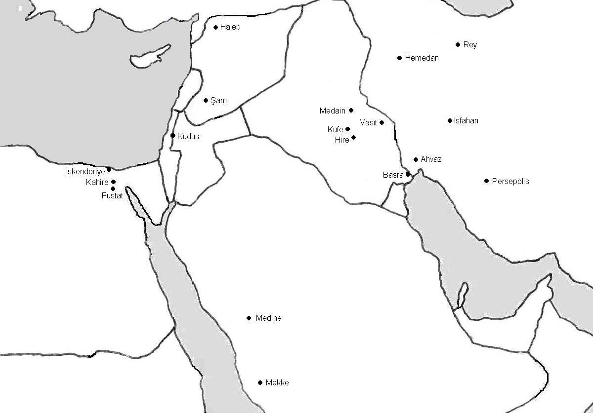 Hulefâ-i Râşidîn Döneminde Ortaya Çıkan Ordugâh Şehir Modeli Üzerine 217 İncelememize konu şehirler ile dönemin önemli merkezlerini gösterir harita Biz bu çalışmamızda, kuruluş itibariyle ordugâh