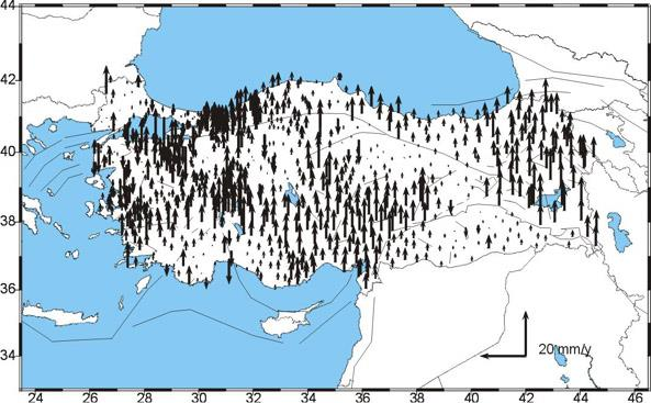 ITRF96 sisteminde hesap noktalarında kestirilen yatay (N,E) hız alanı. http://www.hgk.msb.gov.tr/haritalar_projeler/jeodezi/tutga/bolum4.htm 03.