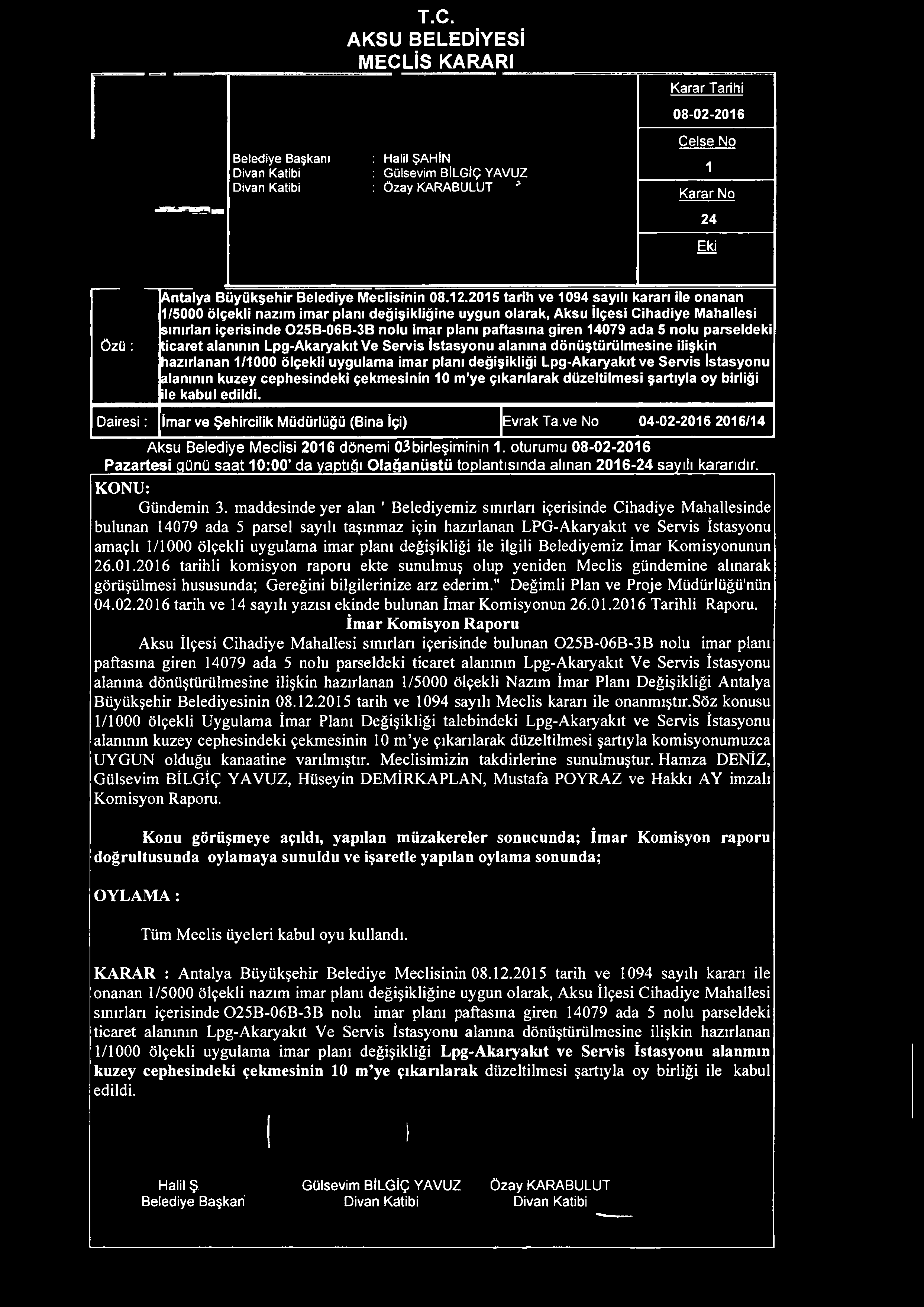 T.C. AKSU BELEDİYESİ MECLİS KARARI Karar Tarihi Belediye Başkanı Divan Katibi Divan Katibi ; Halil ŞAHİN ; Gülsevim BİLGİÇ YAVUZ : Özay KARABULUT ^ 08-02-2016 Celse No 1 Karar No 24 Eki Özü: Antalya