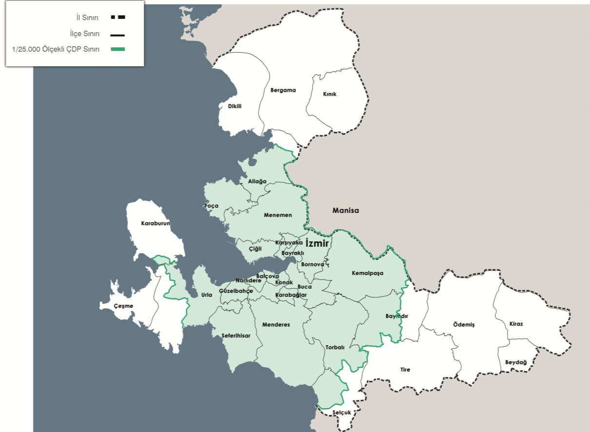 Harita 1: Ġzmir BüyükĢehir Belediye sınırları ve Ġlçe sınırları Diğer yandan Çevre ve Orman Bakanlığı nca 14.08.2009 tarihinde onaylanan Manisa Kütahya Ġzmir 1/100.