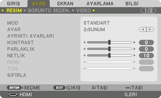 5. Ekran Menüsünün Kullanılması ❺ Menü Açıklamaları ve Fonksiyonlar [AYAR] [RESİM] [MOD] Bu işlev her bir giriş için [AYAR] öğesinin [AYRINTI AYARLARI] seçeneği için ayarları nasıl kaydedeceğinizi