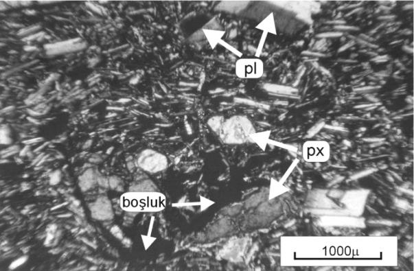 M. KORKANÇ, A. TUĞRUL bileşim sunmakta olup, az oranda olivin, klinopiroksen ve plajioklas fenokristalleri içermektedir. Bu örneklerin matriksi ise mikrolitik plajioklastan oluşmuştur.