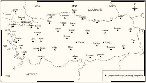 Şekil 1. Çalışmada kullanılan meteoroloji istasyonlarının coğrafi dağılımı Çizelge 1.