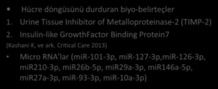 Gelecekte ümit vadeden biyo-belirteçler Hücre döngüsünü durduran biyo-belirteçler 1. Urine Tissue Inhibitor of Metalloproteinase-2 (TIMP-2) 2.