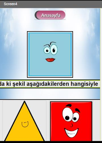 Bu ekranımız bizim şekilleri öğrendiğimiz ekran. Burada şekillerin üzerine tıklandığında size isimlerini sesli bir şekilde söyleyecektir. İleri geri butonlarıyla sayfalar arası geçiş yapabilirsiniz.