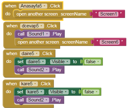 Bu kod blokları Screen5 için yazmış olduğum kodlardır. Screen5 aldı ekranım oyun oynarken yapılması gereken işlemlerin kodlarının yer aldığı ekrandır.