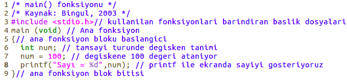 Bir başka örnek program Örneğin printf() fonksiyonu hazır