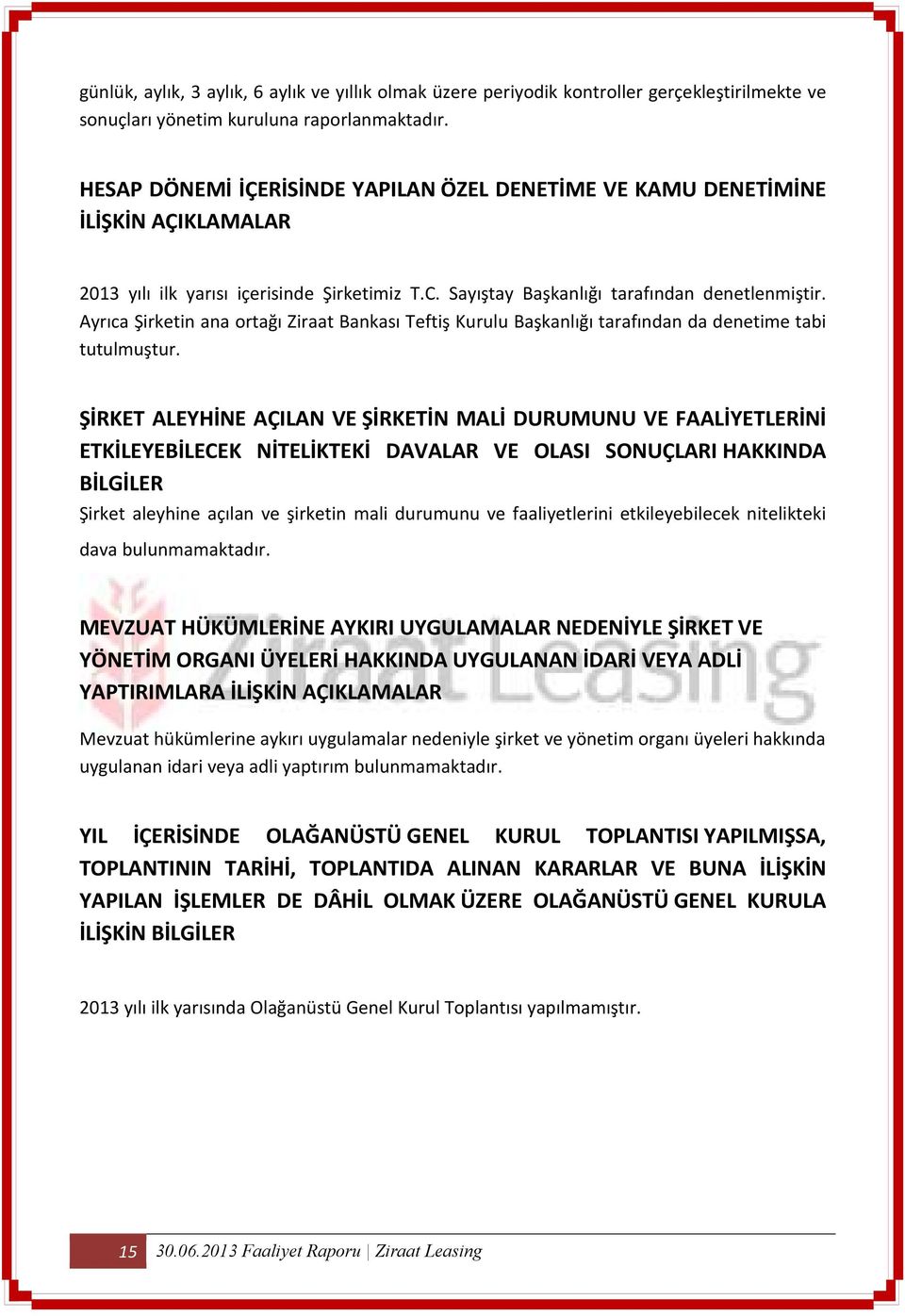 Ayrıca Şirketin ana ortağı Ziraat Bankası Teftiş Kurulu Başkanlığı tarafından da denetime tabi tutulmuştur.