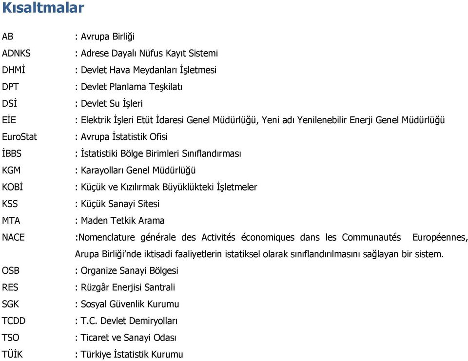 Küçük ve Kızılırmak Büyüklükteki İşletmeler KSS : Küçük Sanayi Sitesi MTA : Maden Tetkik Arama NACE :Nomenclature générale des Activités économiques dans les Communautés Européennes, Arupa Birliği