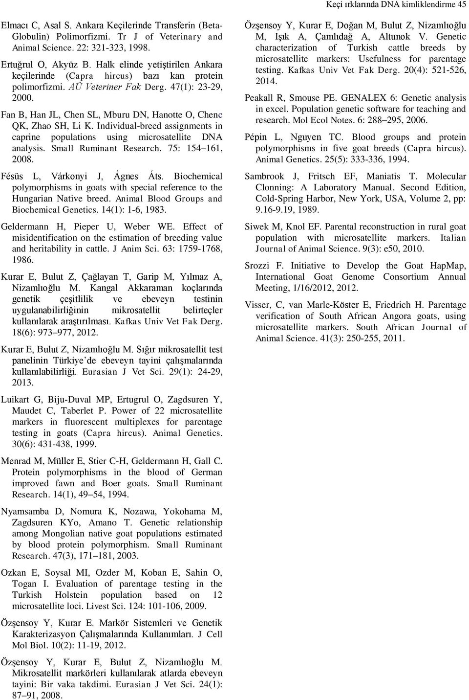 Fan B, Han JL, Chen SL, Mburu DN, Hanotte O, Chenc QK, Zhao SH, Li K. Individual-breed assignments in caprine populations using microsatellite DNA analysis. Small Ruminant Research. 75: 154 161, 2008.