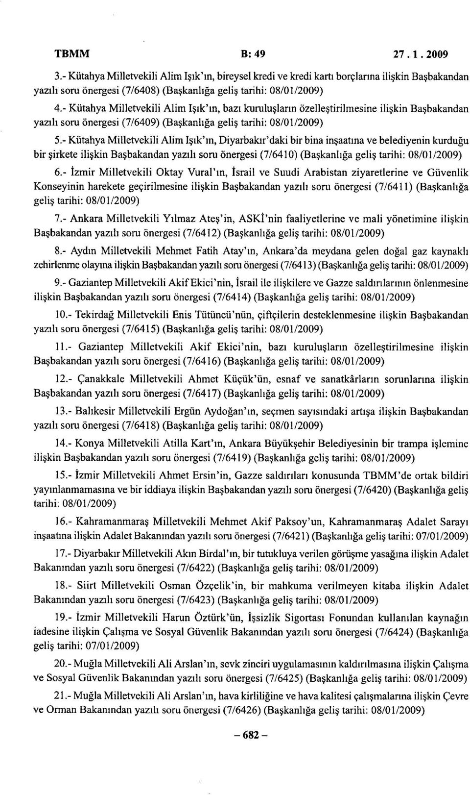 - Kütahya Milletvekili Alim Işık'ın, Diyarbakır'daki bir bina inşaatına ve belediyenin kurduğu bir şirkete ilişkin Başbakandan yazılı soru önergesi (7/6410) (Başkanlığa geliş tarihi: 08/01/2009) 6.