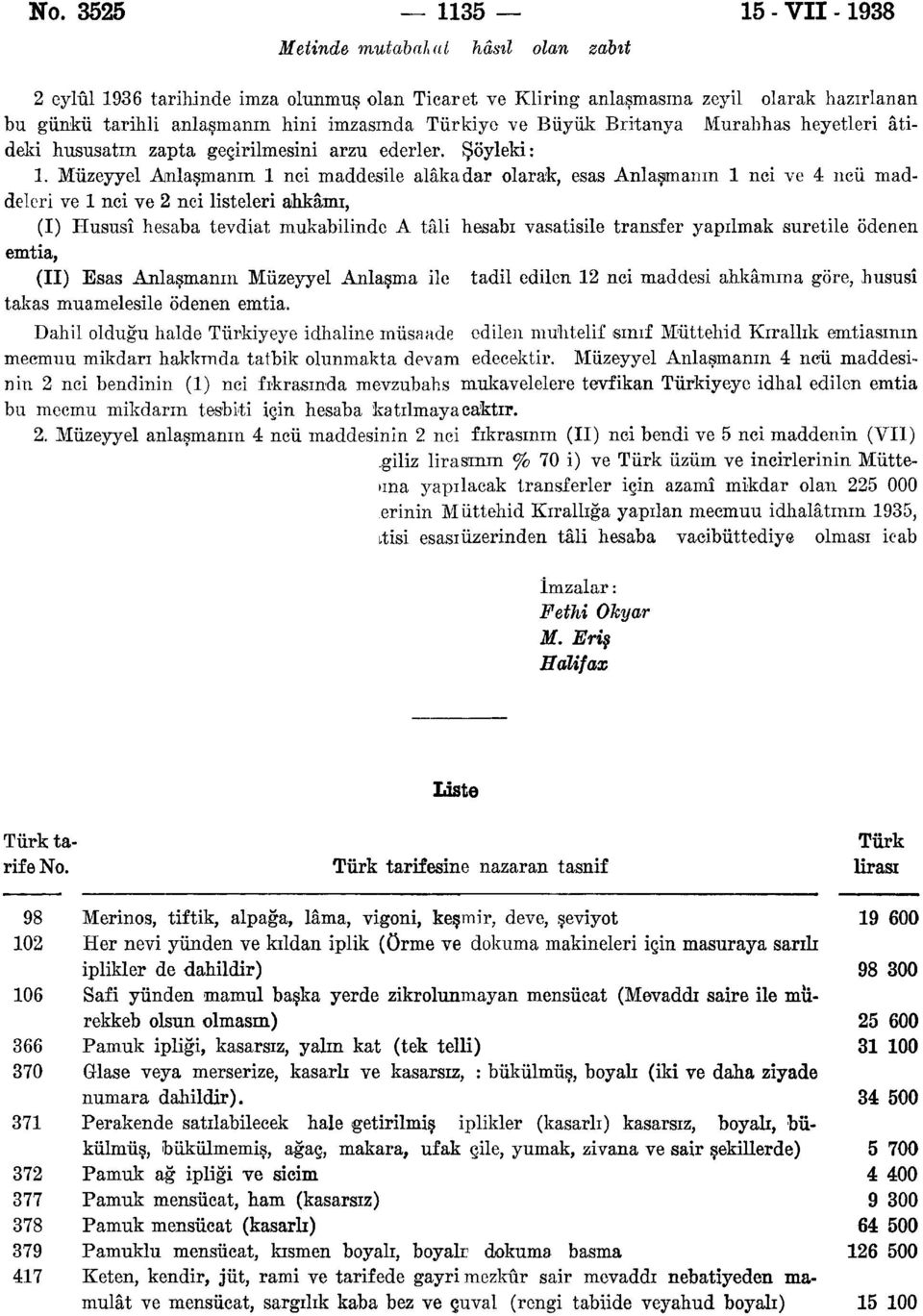 Müzeyyel Anlaşmanın 1 nci maddesile alâkadar olarak, esas Anlaşmanın 1 nci ve 4 ncü maddeleri ve 1 nci ve 2 nci listeleri ahkâmı, (I) Hususî hesaba tevdiat mukabilinde A tâli hesabı vasatisile