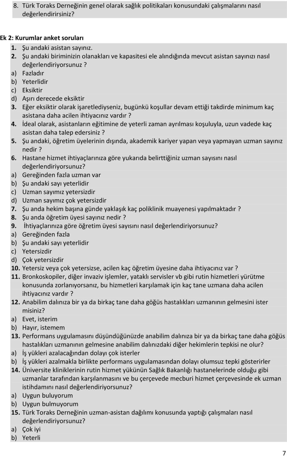 a) Fazladır b) Yeterlidir c) Eksiktir d) Aşırı derecede eksiktir 3. Eğer eksiktir olarak işaretlediyseniz, bugünkü koşullar devam ettiği takdirde minimum kaç asistana daha acilen ihtiyacınız vardır?