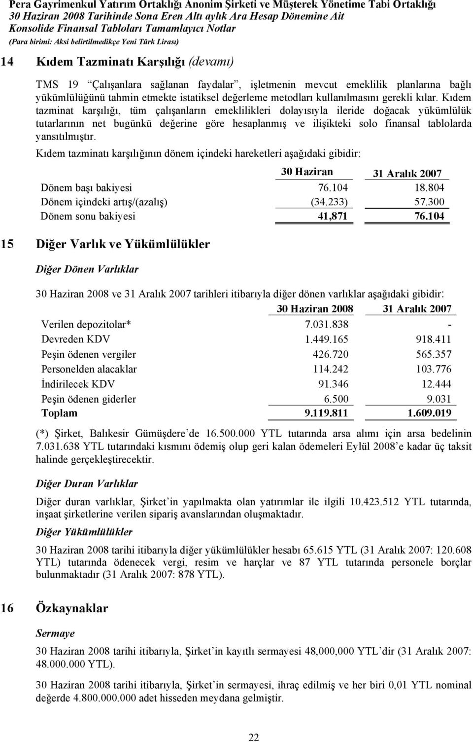 Kıdem tazminat karşılığı, tüm çalışanların emeklilikleri dolayısıyla ileride doğacak yükümlülük tutarlarının net bugünkü değerine göre hesaplanmış ve ilişikteki solo finansal tablolarda