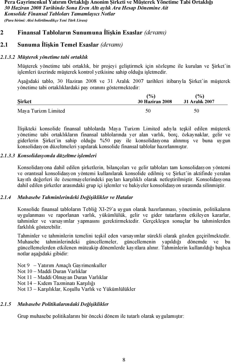 Aşağıdaki tablo, 30 Haziran 2008 ve 31 Aralık 2007 tarihleri itibarıyla Şirket in müşterek yönetime tabi ortaklıklardaki pay oranını göstermektedir: (%) (%) Şirket Maya Turizm Limited 50 50