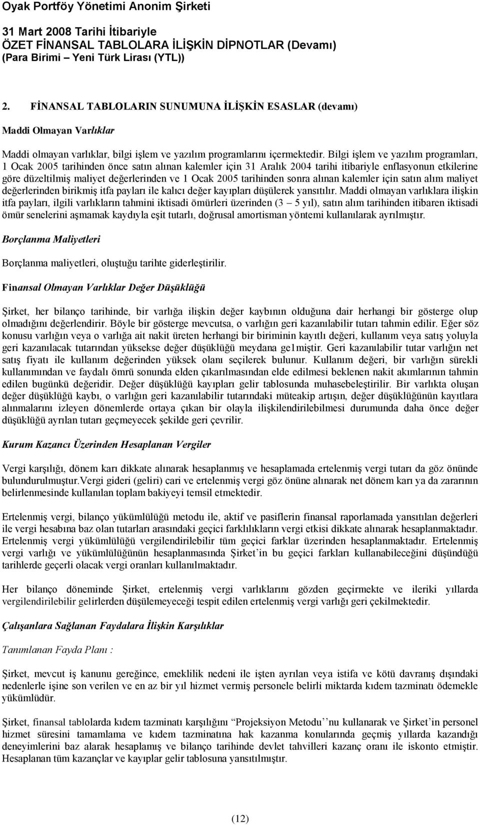 2005 tarihinden sonra alınan kalemler için satın alım maliyet değerlerinden birikmiş itfa payları ile kalıcı değer kayıpları düşülerek yansıtılır.