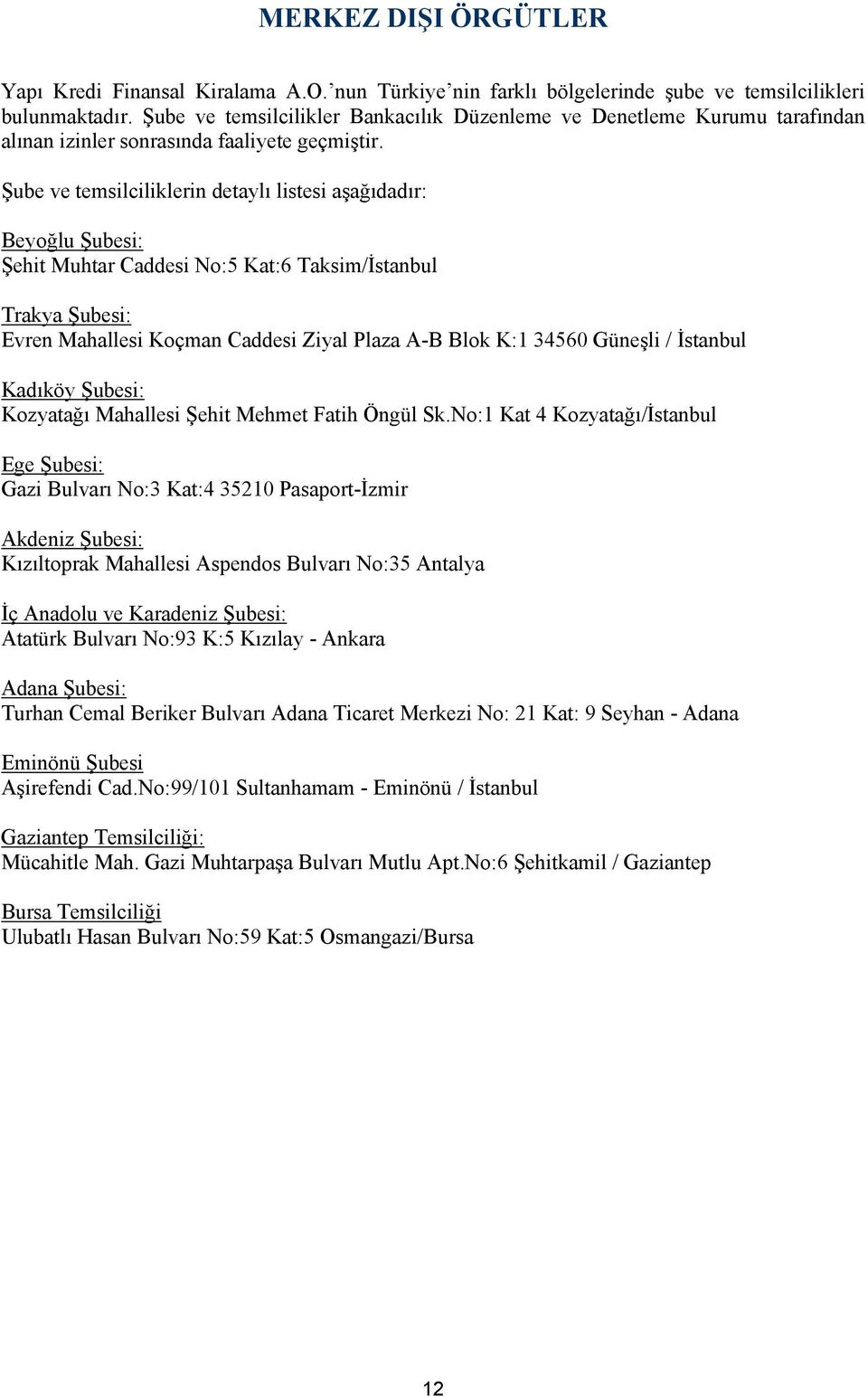 Şube ve temsilciliklerin detaylı listesi aşağıdadır: Beyoğlu Şubesi: Şehit Muhtar Caddesi No:5 Kat:6 Taksim/İstanbul Trakya Şubesi: Evren Mahallesi Koçman Caddesi Ziyal Plaza A-B Blok K:1 34560