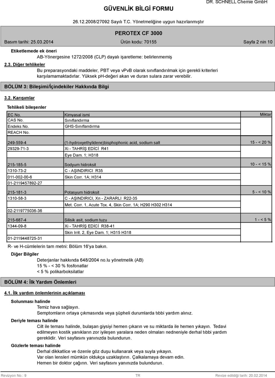 BÖLÜM 3: Bileşimi/İçindekiler Hakkında Bilgi 3.2. Karışımlar Tehlikeli bileşenler EC No. CAS No. Endeks No. REACH No.