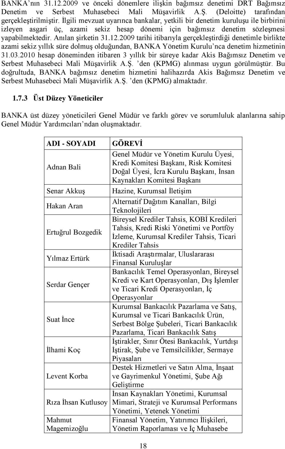 2009 tarihi itibarıyla gerçekleģtirdiği denetimle birlikte azami sekiz yıllık süre dolmuģ olduğundan, BANKA Yönetim Kurulu nca denetim hizmetinin 31.03.