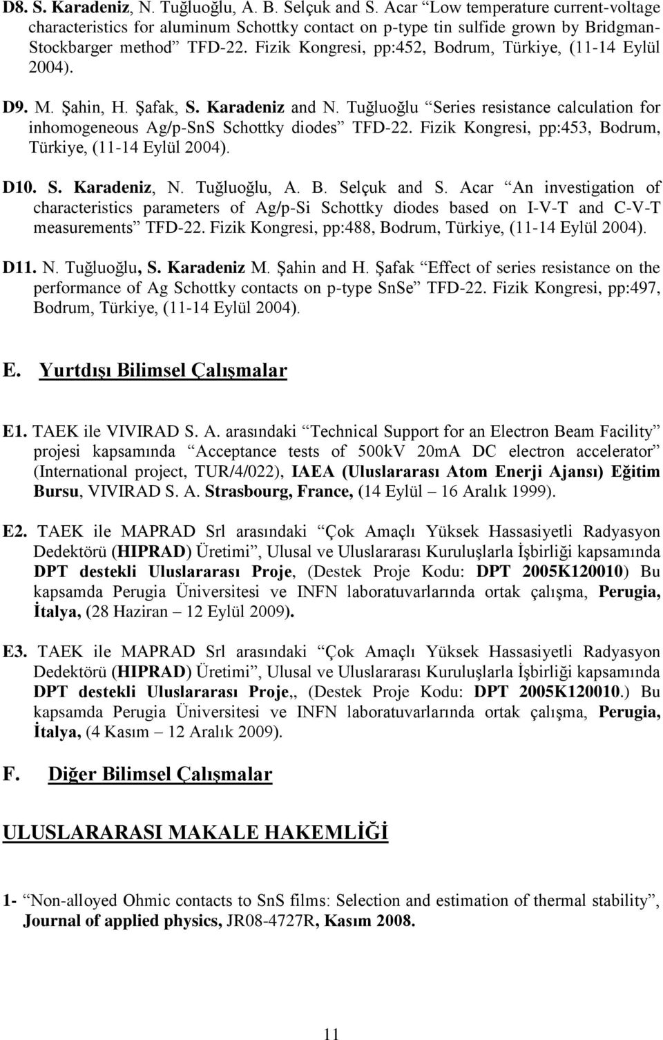 Fizik Kongresi, pp:452, Bodrum, Türkiye, (11-14 Eylül 2004). D9. M. Şahin, H. Şafak, S. Karadeniz and N. Tuğluoğlu Series resistance calculation for inhomogeneous Ag/p-SnS Schottky diodes TFD-22.