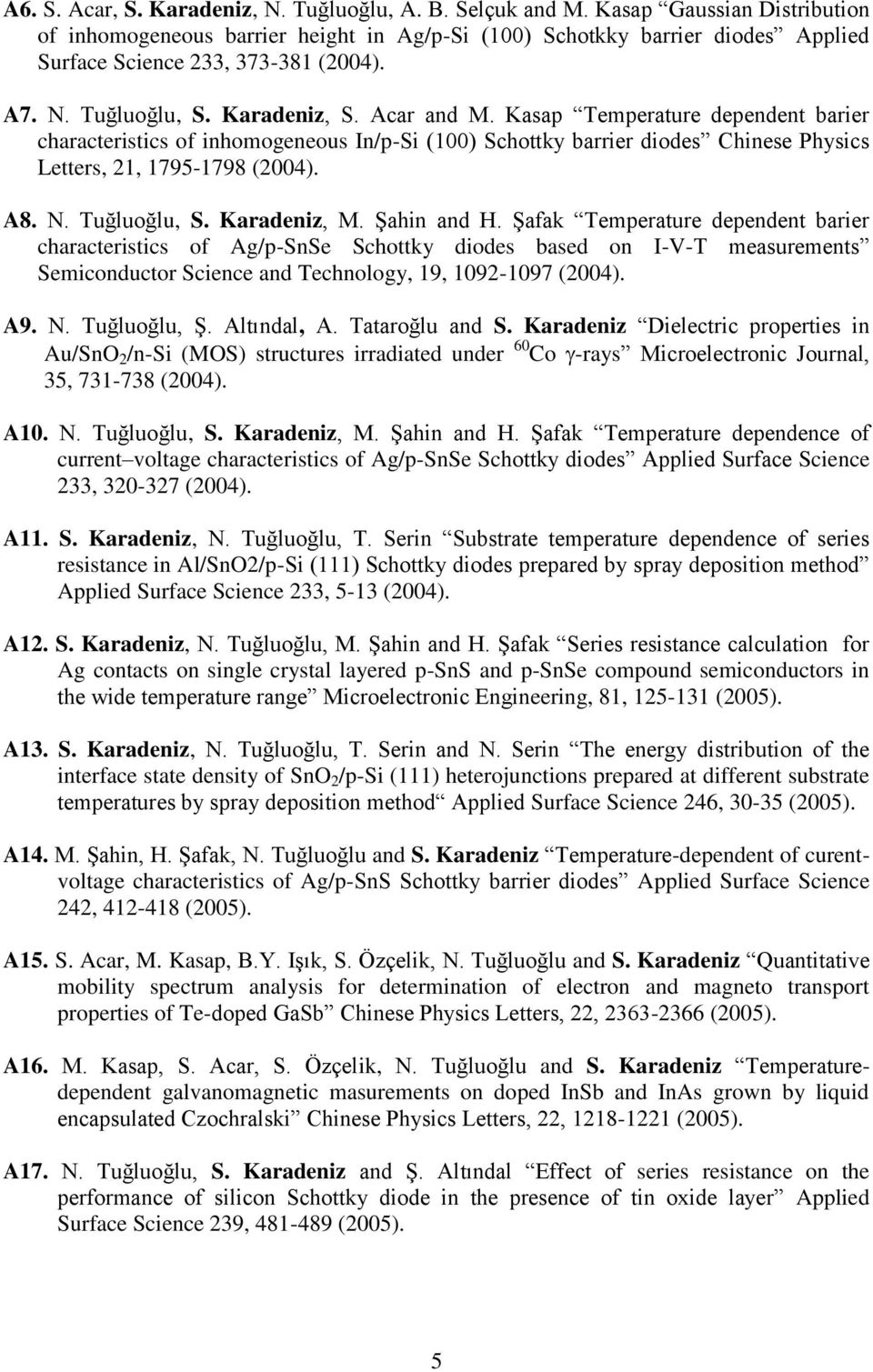 Kasap Temperature dependent barier characteristics of inhomogeneous In/p-Si (100) Schottky barrier diodes Chinese Physics Letters, 21, 1795-1798 (2004). A8. N. Tuğluoğlu, S. Karadeniz, M. Şahin and H.