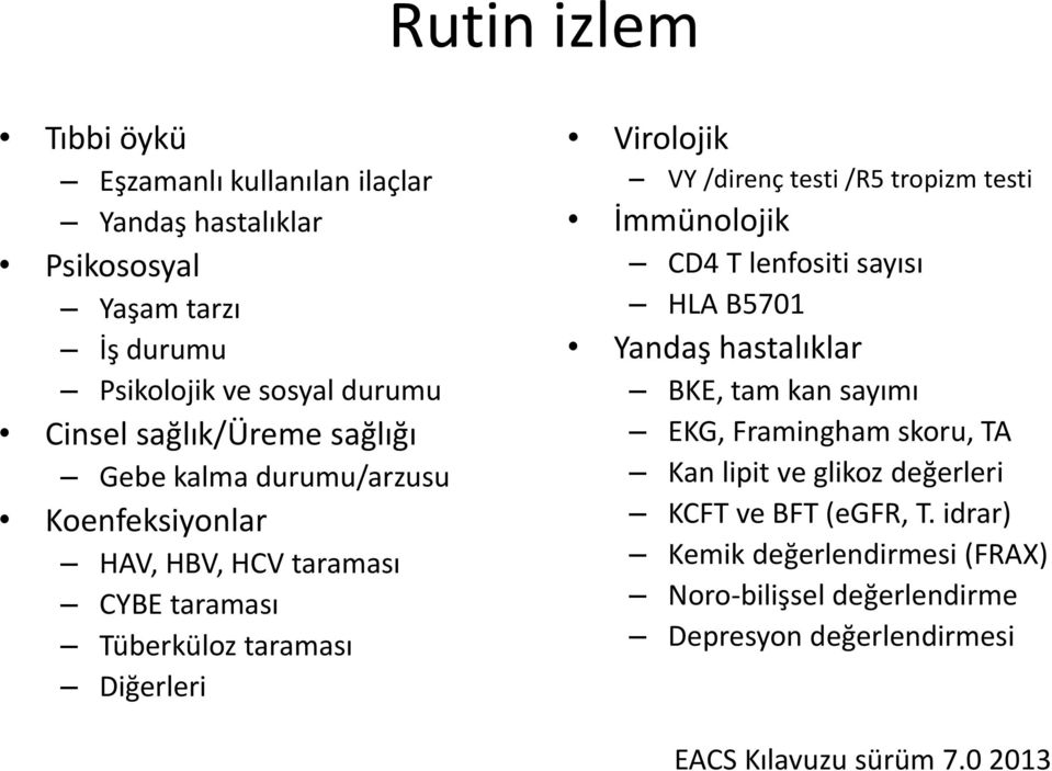 /direnç testi /R5 tropizm testi İmmünolojik CD4 T lenfositi sayısı HLA B5701 Yandaş hastalıklar BKE, tam kan sayımı EKG, Framingham skoru, TA Kan