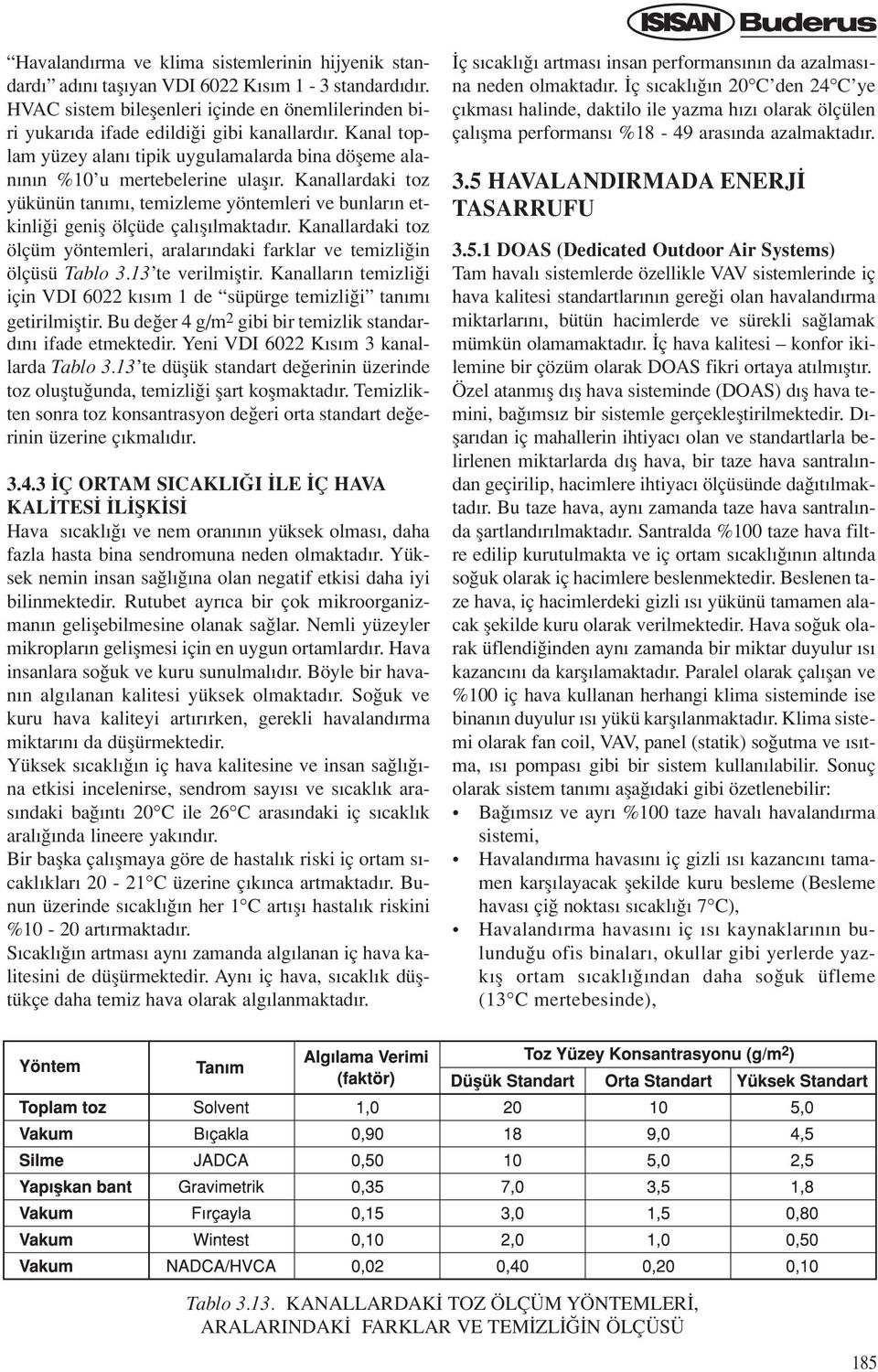 Kanallardaki toz yükünün tan m, temizleme yöntemleri ve bunlar n etkinli i genifl ölçüde çal fl lmaktad r. Kanallardaki toz ölçüm yöntemleri, aralar ndaki farklar ve temizli in ölçüsü Tablo 3.