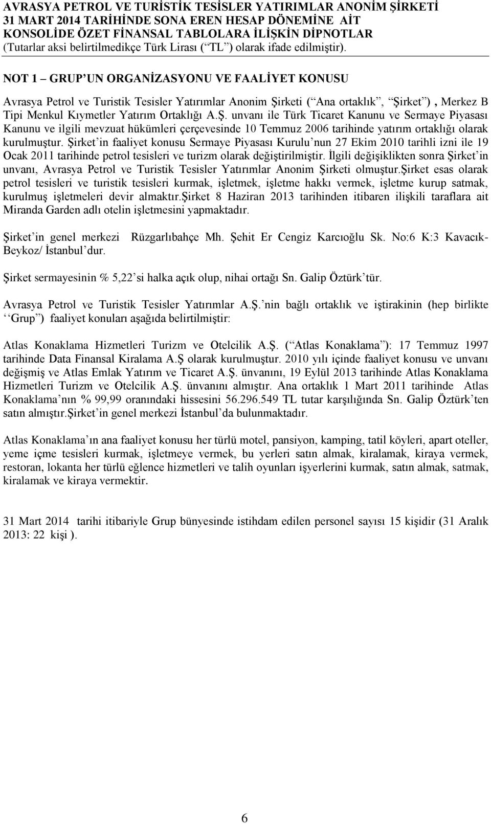 Şirket in faaliyet konusu Sermaye Piyasası Kurulu nun 27 Ekim 2010 tarihli izni ile 19 Ocak 2011 tarihinde petrol tesisleri ve turizm olarak değiştirilmiştir.