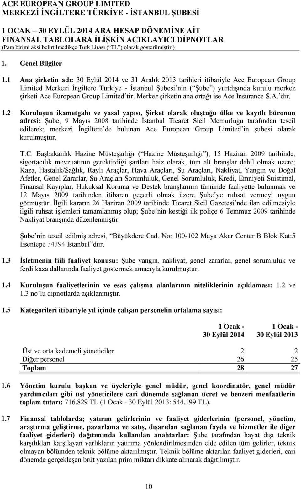 European Group Limited tir. Merkez şirketin ana ortağı ise Ace Insurance S.A. dır. 1.