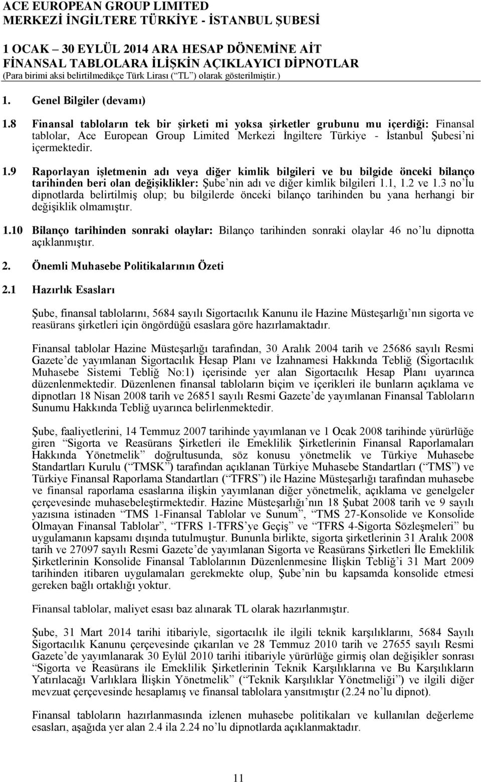 9 Raporlayan işletmenin adı veya diğer kimlik bilgileri ve bu bilgide önceki bilanço tarihinden beri olan değişiklikler: Şube nin adı ve diğer kimlik bilgileri 1.1, 1.2 ve 1.