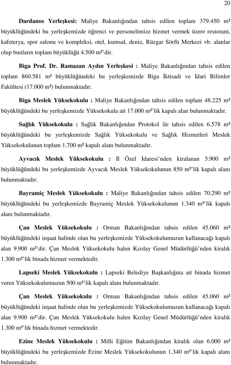 alanlar olup bunların toplam büyüklüğü 4.500 m² dir. Biga Prof. Dr. Ramazan Aydın Yerleşkesi : Maliye Bakanlığından tahsis edilen toplam 860.