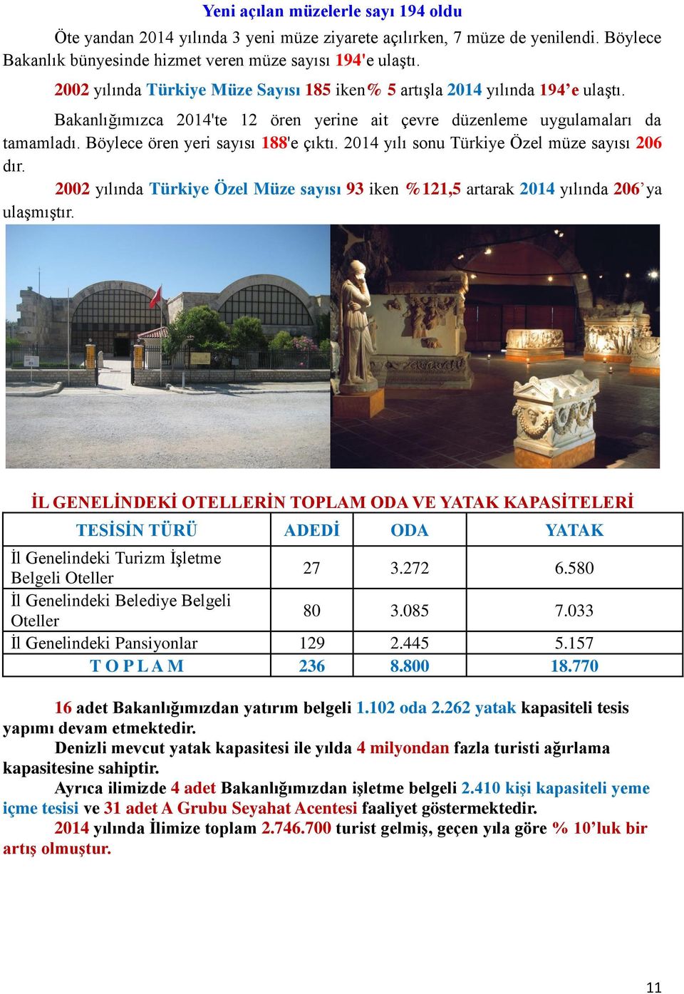 Böylece ören yeri sayısı 188'e çıktı. 2014 yılı sonu Türkiye Özel müze sayısı 206 dır. 2002 yılında Türkiye Özel Müze sayısı 93 iken %121,5 artarak 2014 yılında 206 ya ulaģmıģtır.