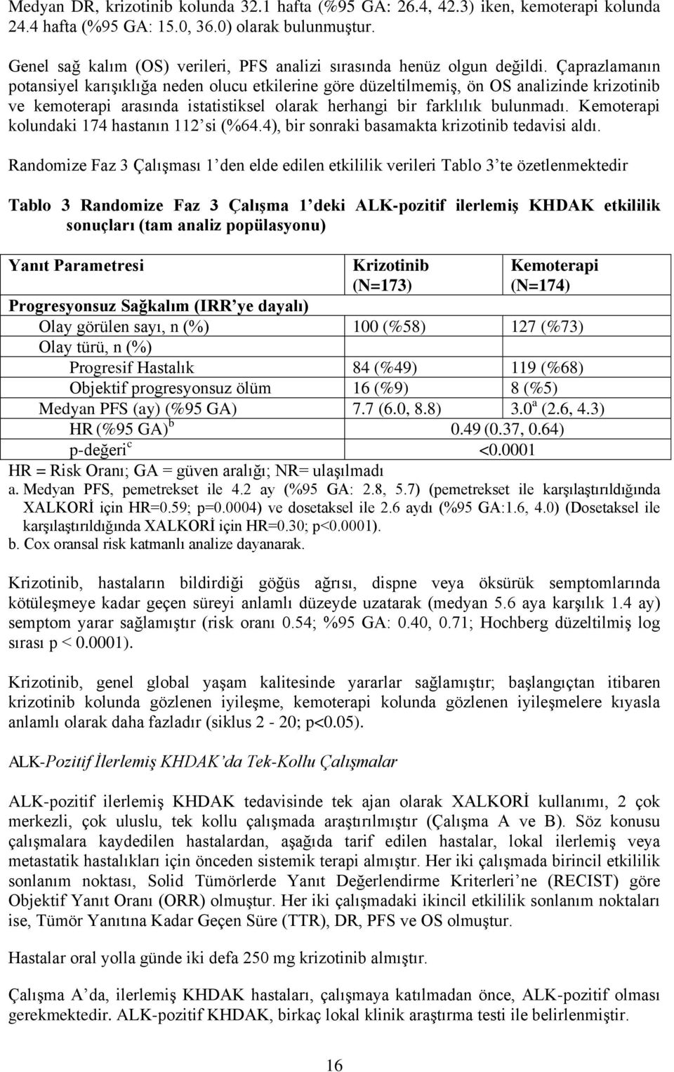 Çaprazlamanın potansiyel karışıklığa neden olucu etkilerine göre düzeltilmemiş, ön OS analizinde krizotinib ve kemoterapi arasında istatistiksel olarak herhangi bir farklılık bulunmadı.