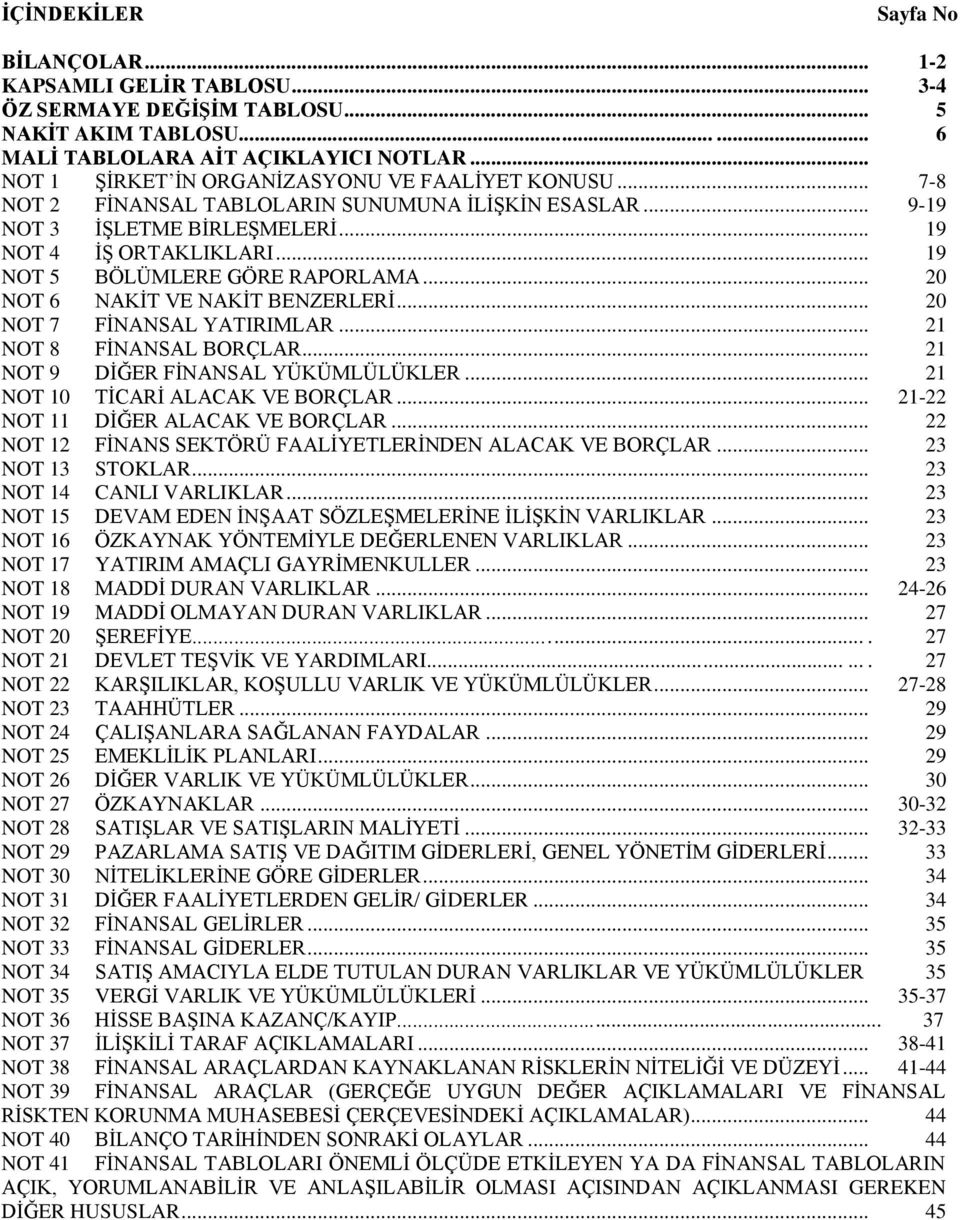 .. 19 NOT 5 BÖLÜMLERE GÖRE RAPORLAMA... 20 NOT 6 NAKİT VE NAKİT BENZERLERİ... 20 NOT 7 FİNANSAL YATIRIMLAR... 21 NOT 8 FİNANSAL BORÇLAR... 21 NOT 9 DİĞER FİNANSAL YÜKÜMLÜLÜKLER.