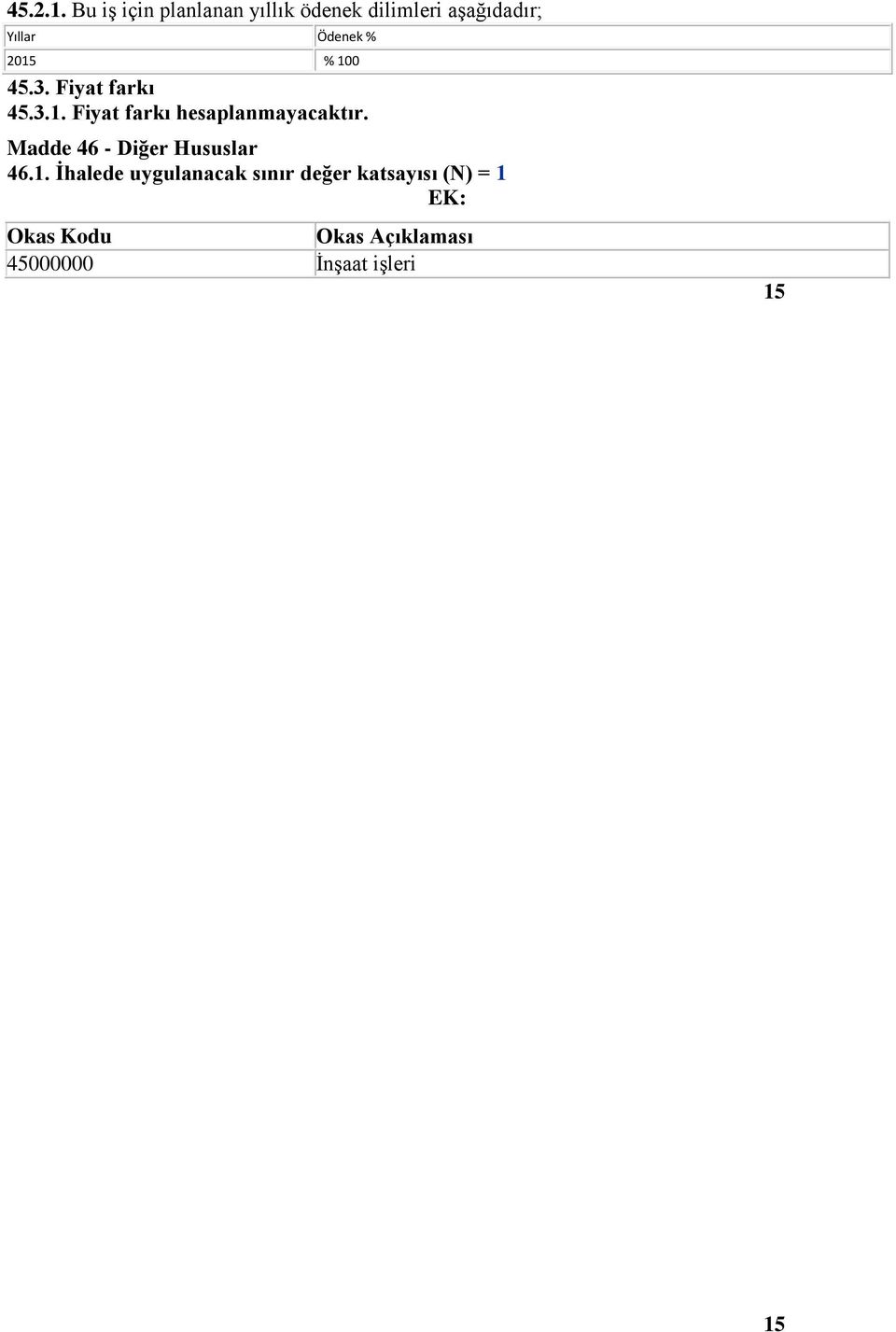 2015 % 100 45.3. Fiyat farkı 45.3.1. Fiyat farkı hesaplanmayacaktır.