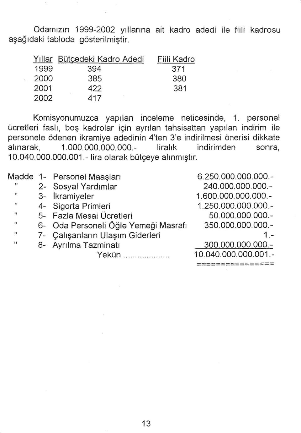 personel ücretleri faslı, boş kadrolar için ayrılan tahsisattan yapılan indirim ile personele ödenen ikramiye adedinin 4'ten 3'e indirilmesi önerisi dikkate alınarak, 1.000.