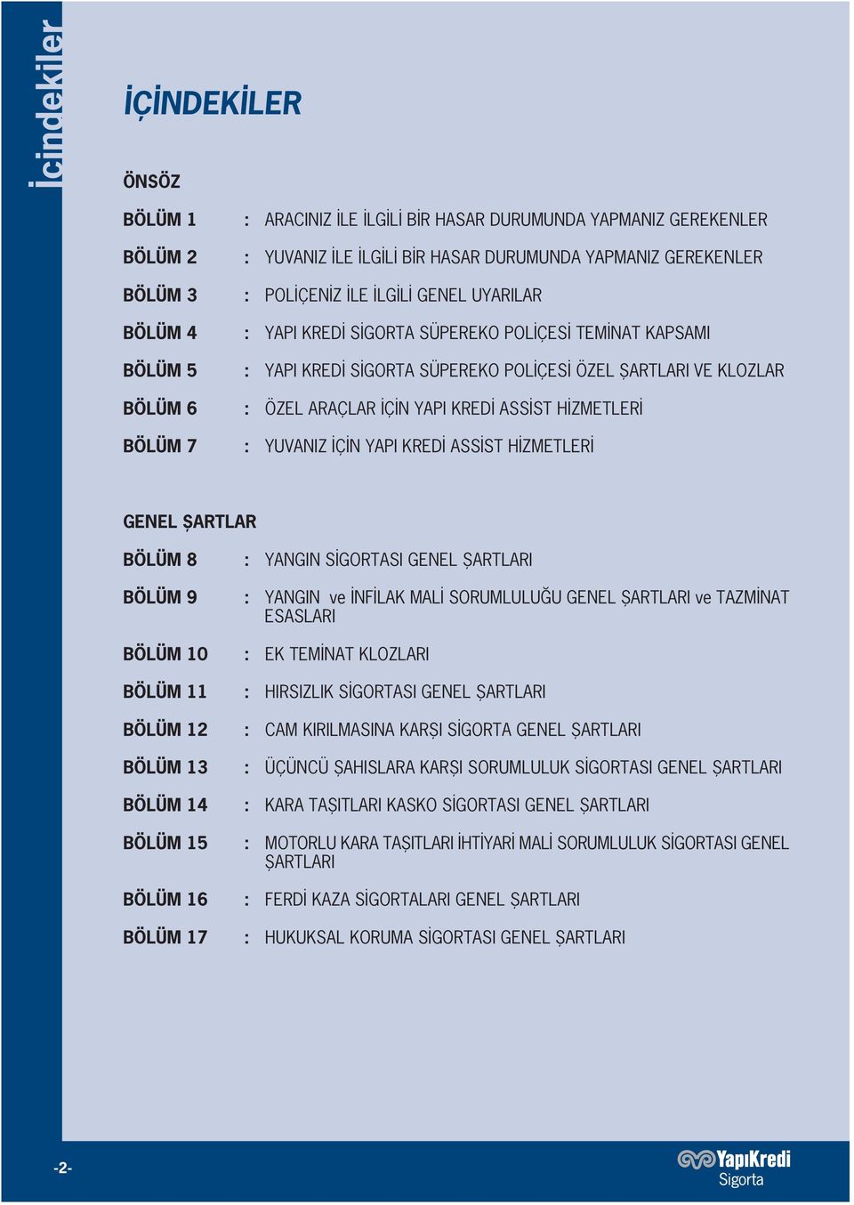 ZMETLER : YUVANIZ Ç N YAPI KRED ASS ST H ZMETLER GENEL fiartlar BÖLÜM 8 BÖLÜM 9 BÖLÜM 10 BÖLÜM 11 : YANGIN S GORTASI GENEL fiartlari : YANGIN ve NF LAK MAL SORUMLULU U GENEL fiartlari ve TAZM NAT