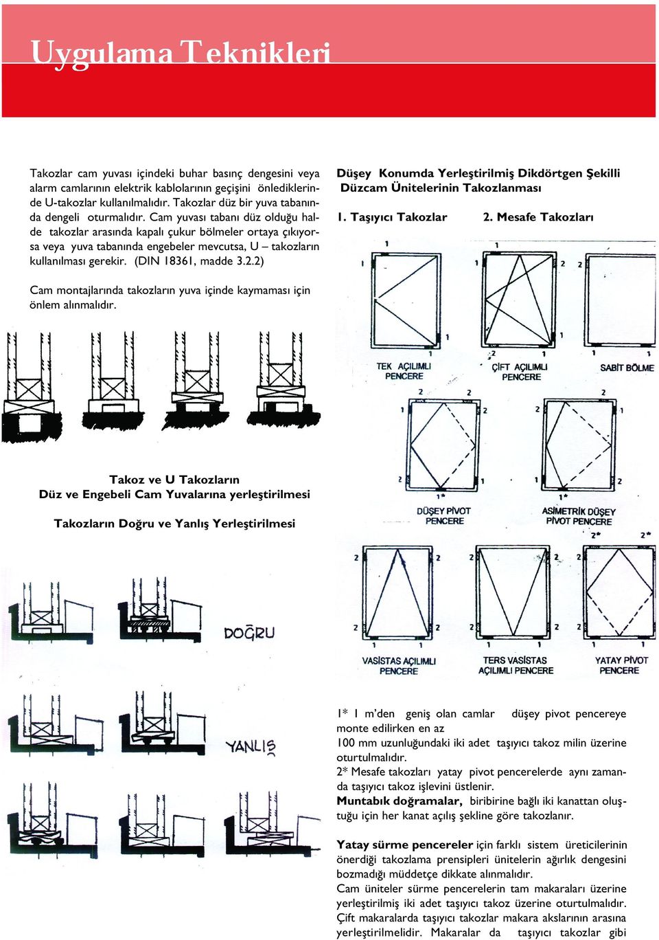 Cam yuvas taban düz oldu u halde takozlar aras nda kapal çukur bölmeler ortaya ç k yorsa veya yuva taban nda engebeler mevcutsa, U takozlar n kullan lmas gerekir. (DIN 18361, madde 3.2.