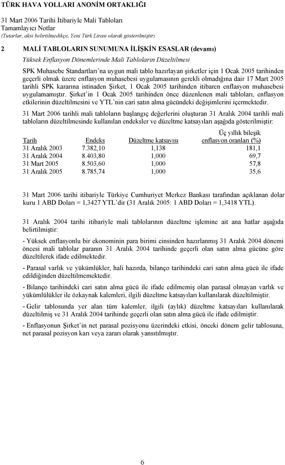 uygulamamıştır. Şirket in 1 Ocak 2005 tarihinden önce düzenlenen mali tabloları, enflasyon etkilerinin düzeltilmesini ve YTL nin cari satın alma gücündeki değişimlerini içermektedir.