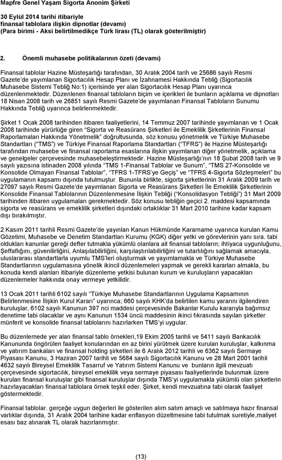 Düzenlenen finansal tabloların biçim ve içerikleri ile bunların açıklama ve dipnotları 18 Nisan 2008 tarih ve 26851 sayılı Resmi Gazete de yayımlanan Finansal Tabloların Sunumu Hakkında Tebliğ