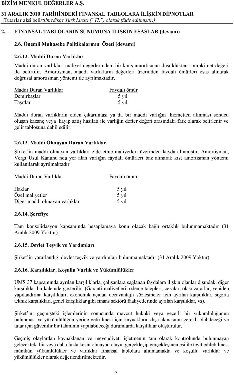 Amortisman, maddi varlıkların değerleri üzerinden faydalı ömürleri esas alınarak doğrusal amortisman yöntemi ile ayrılmaktadır.