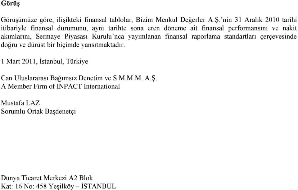 Sermaye Piyasası Kurulu nca yayımlanan finansal raporlama standartları çerçevesinde doğru ve dürüst bir biçimde yansıtmaktadır.