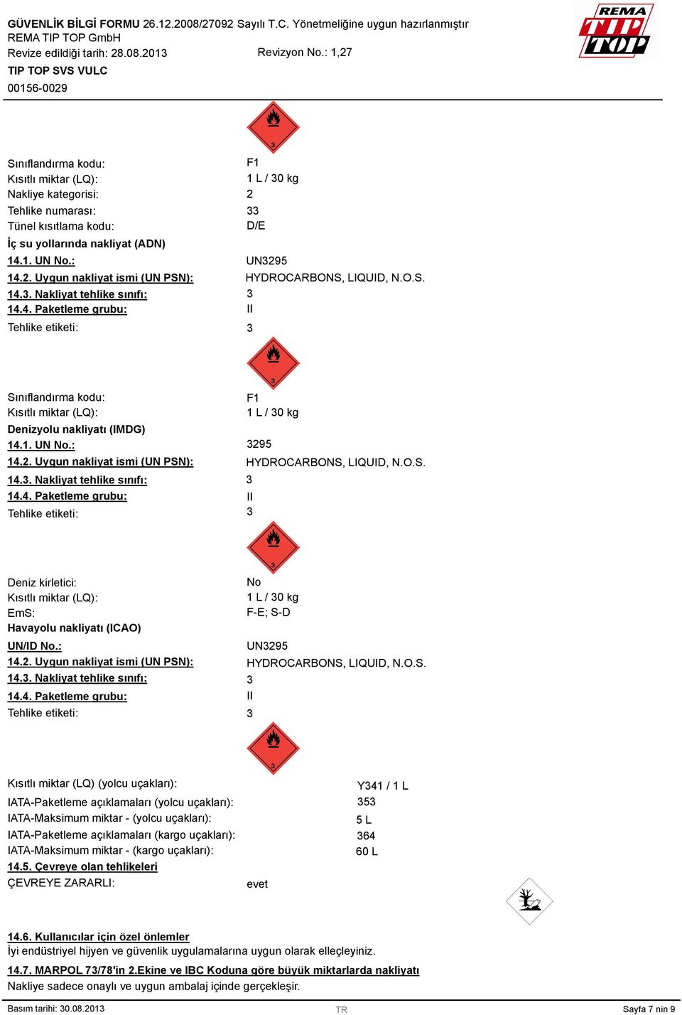 . Nakliyat tehlike sınıfı: 14.4. Paketleme grubu: Tehlike etiketi: F1 1 L / 0 kg 295 HYDROCARBONS, LIQUID, N.O.S. II Deniz kirletici: Kısıtlı miktar (LQ): EmS: Havayolu nakliyatı (ICAO) UN/ID No.: 14.2. Uygun nakliyat ismi (UN PSN): 14.