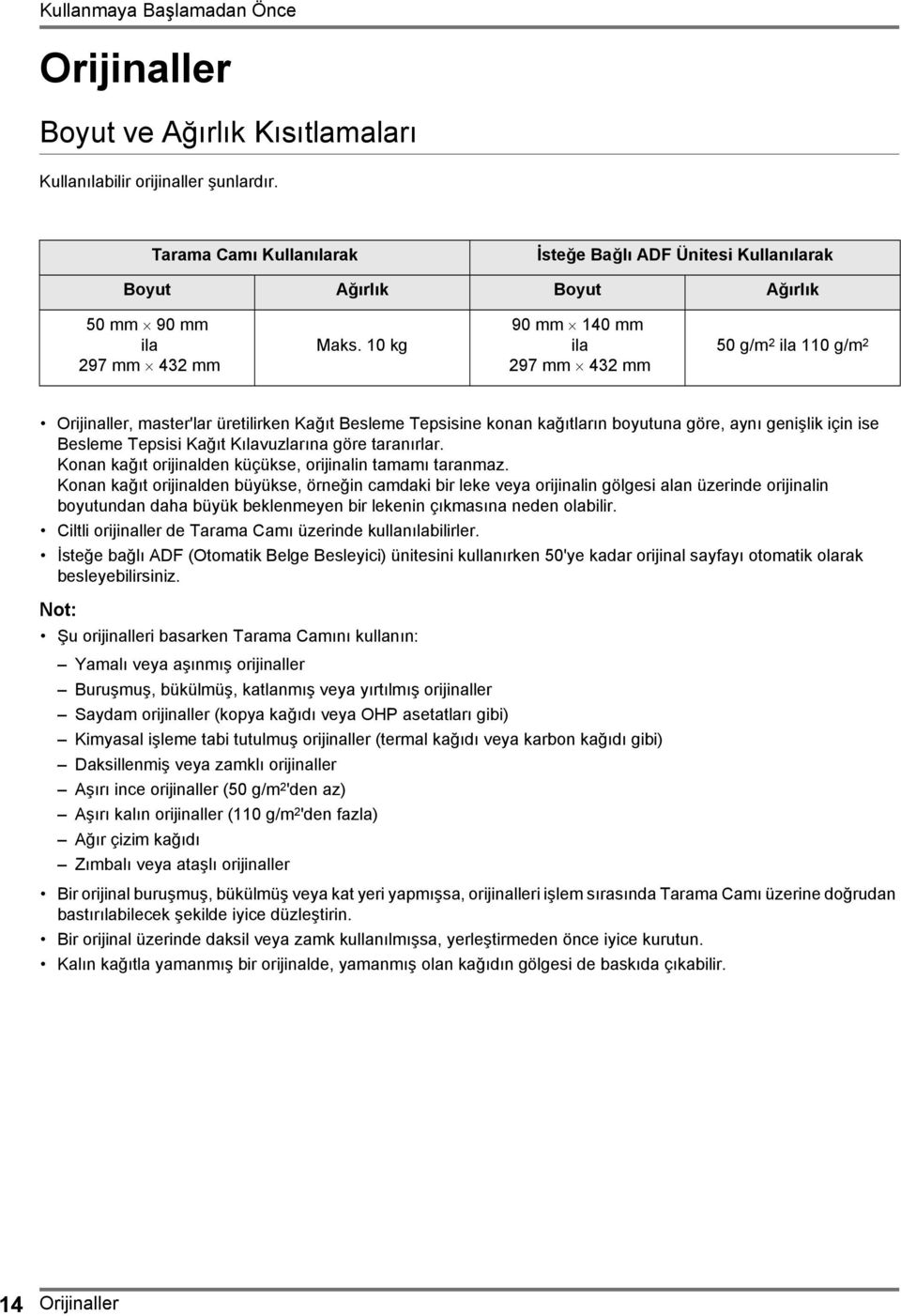10 kg 90 mm 140 mm ila 297 mm 432 mm 50 g/m 2 ila 110 g/m 2 Orijinaller, master'lar üretilirken Kağıt Besleme Tepsisine konan kağıtların boyutuna göre, aynı genişlik için ise Besleme Tepsisi Kağıt