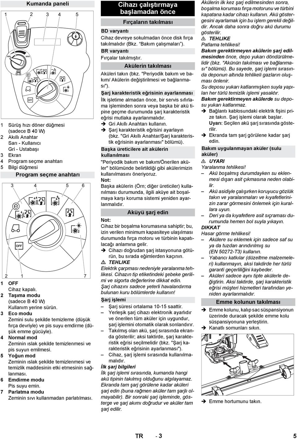 4 Normal mod Zeminin ıslak şekilde temizlenmesi ve pis suyun emilmesi. 5 Yoğun mod Zeminin ıslak şekilde temizlenmesi ve temizlik maddesinin etki etmesinin sağlanması. 6 Emdirme modu Pis suyu emin.