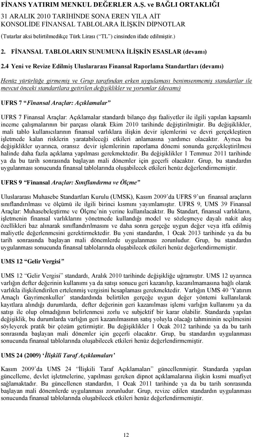 getirilen değişiklikler ve yorumlar (devamı) UFRS 7 Finansal Araçlar: Açıklamalar UFRS 7 Finansal Araçlar: Açıklamalar standardı bilanço dıģı faaliyetler ile ilgili yapılan kapsamlı inceme