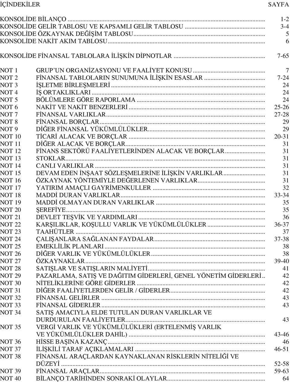 .. 24 NOT 5 BÖLÜMLERE GÖRE RAPORLAMA... 24 NOT 6 NAKĠT VE NAKĠT BENZERLERĠ... 25-26 NOT 7 FĠNANSAL VARLIKLAR... 27-28 NOT 8 FĠNANSAL BORÇLAR... 29 NOT 9 DĠĞER FĠNANSAL YÜKÜMLÜLÜKLER.