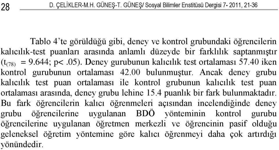 (t (78) = 9.644; p<.05). Deney gurubunun kalıcılık test ortalaması 57. iken kontrol gurubunun ortalaması 42.00 bulunmuştur.