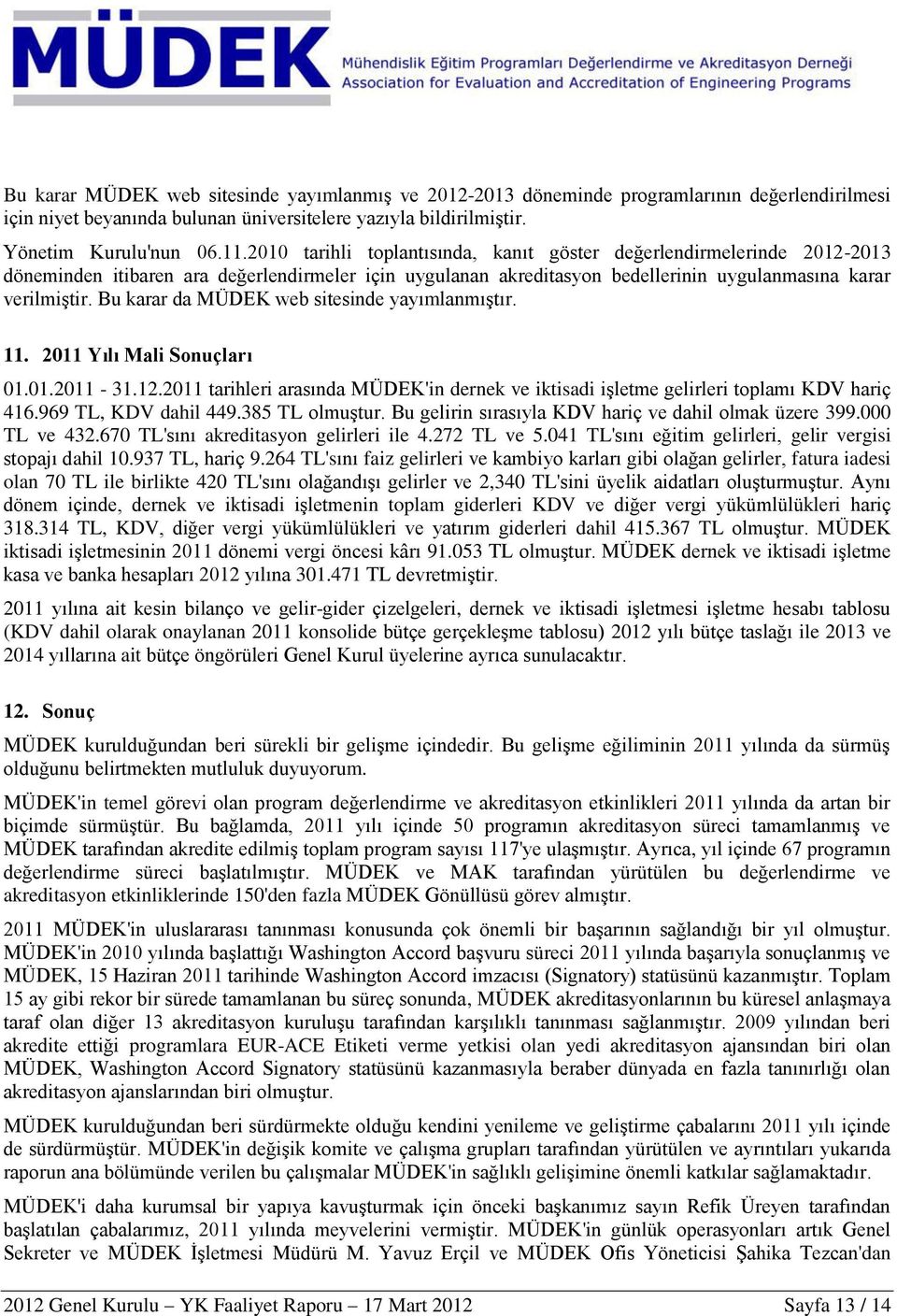 Bu karar da MÜDEK web sitesinde yayımlanmıştır. 11. 2011 Yılı Mali Sonuçları 01.01.2011-31.12.2011 tarihleri arasında MÜDEK'in dernek ve iktisadi işletme gelirleri toplamı KDV hariç 416.